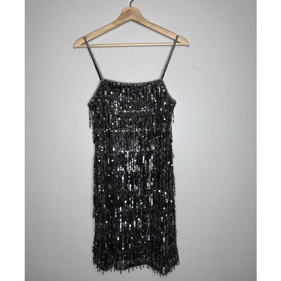 Alice + Olivia Chicago Sequin Fringe Mini Dress Gunmetal Silver/Gray Size US 4 - Picture 3 of 11